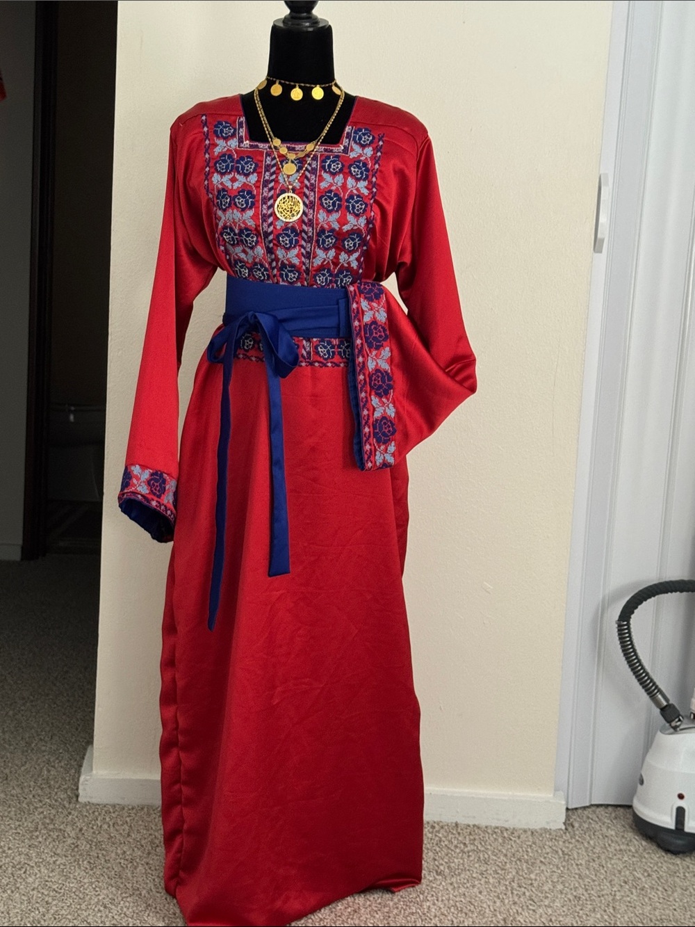 Red and blue handmade cross stitch Embroidered  thoub with Blue belt